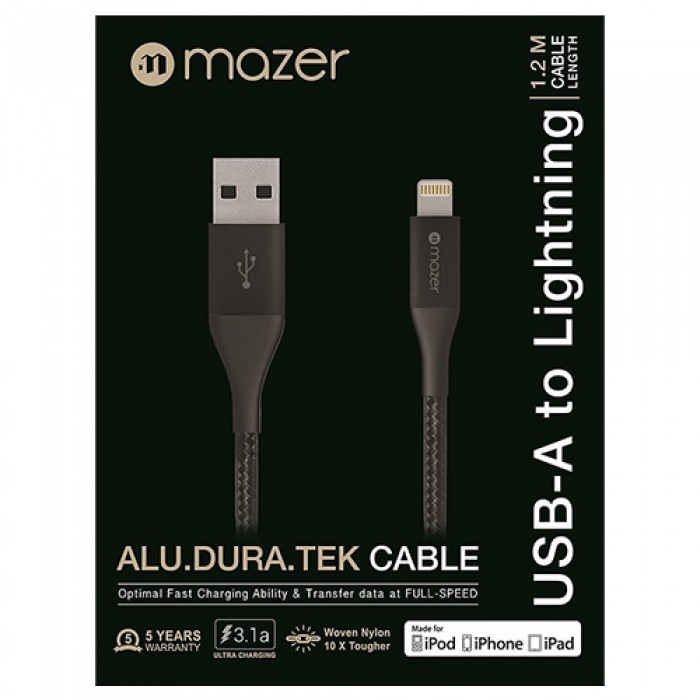 MAZER ALU.DURA.TEK LIGHTNING TO USB CABLE 3.1A (1.2M)